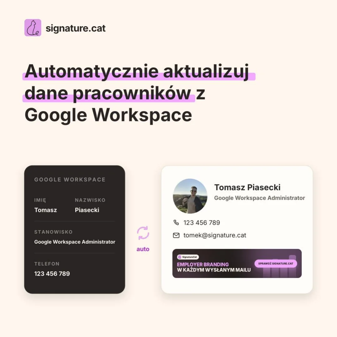 Automatycznie aktualizuj dane pracowników z Google Workspace - imię, stanowisko i telefon synchronizują się same do podpisu Gmail