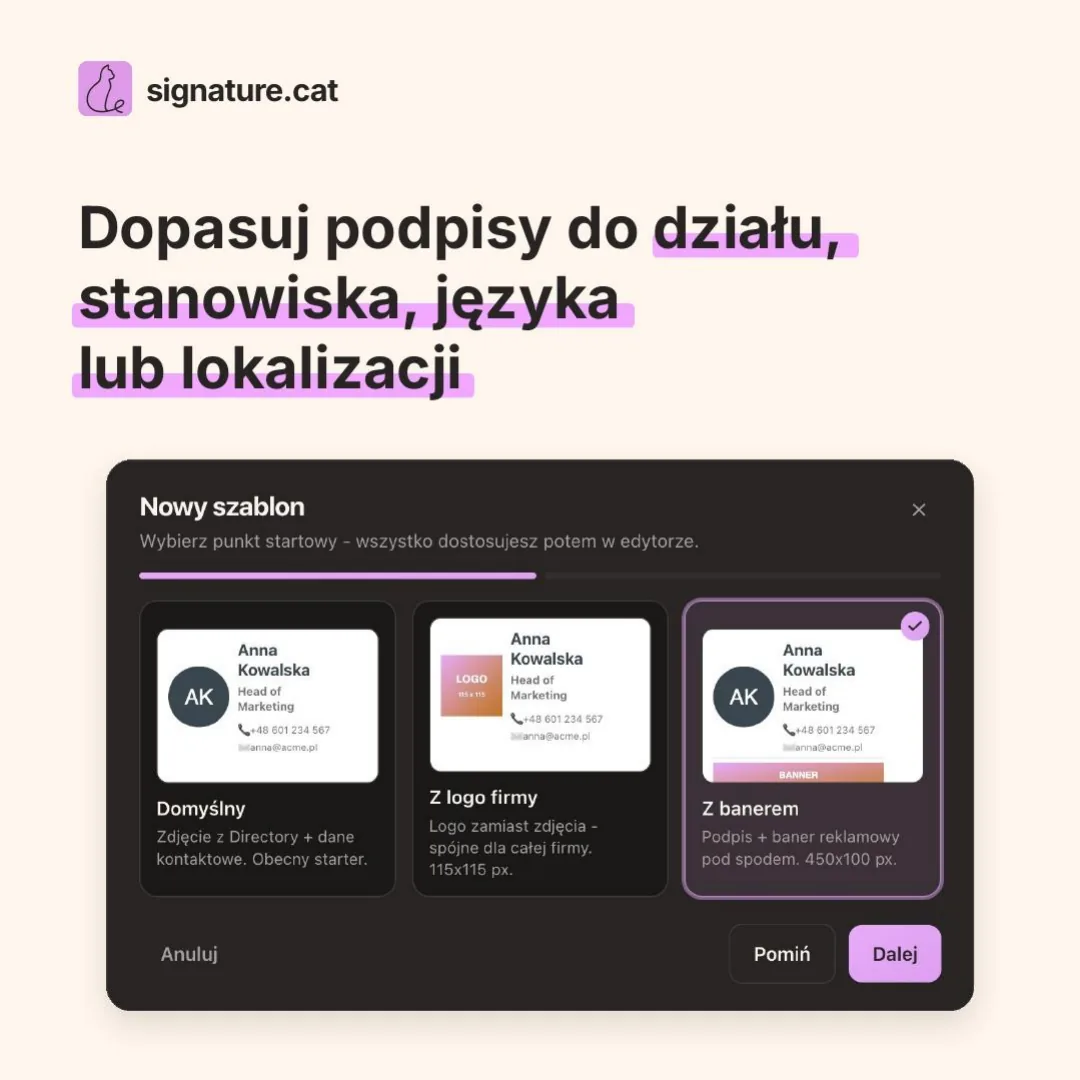 Dopasuj podpisy do działu, stanowiska, języka lub lokalizacji - wybór szablonu podpisu Gmail: ze zdjęciem, z logo firmy albo z banerem reklamowym